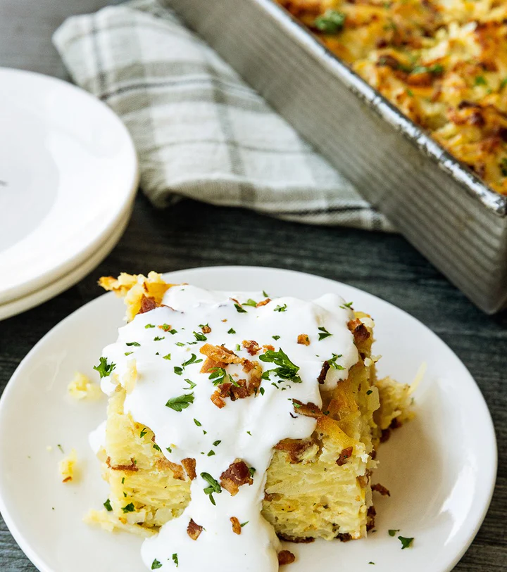 A breakfast casserole topped with sour cream from the Harvest Right Cookbook.