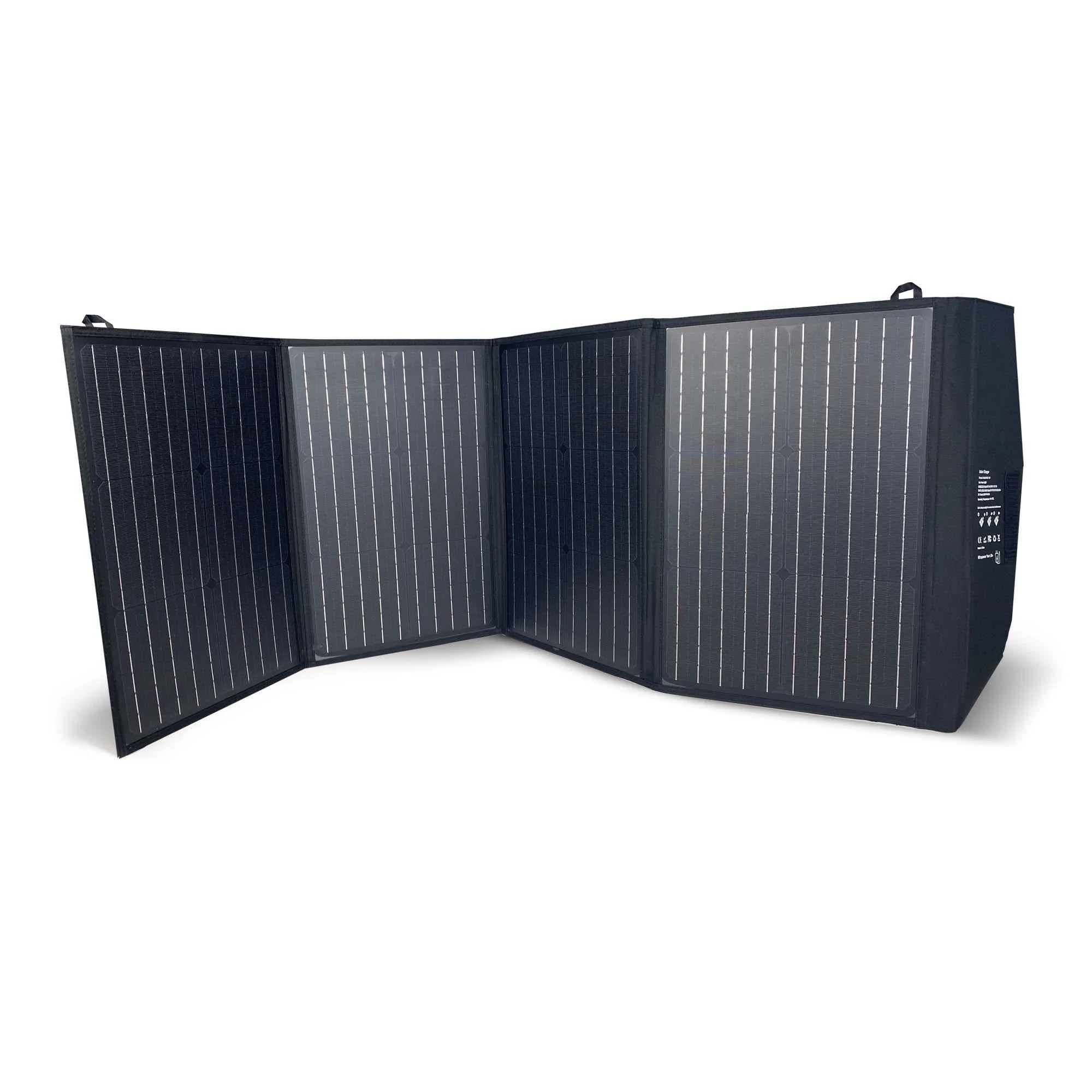 A fold-out solar panel on a white background bundled with a ReadyWise Solar Generator.