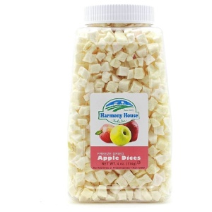 A jar of Harmony House Freeze-Dried Apple Dices on a white background.