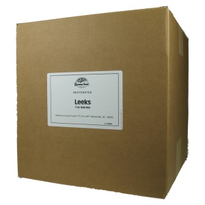 A cardboard box with a label for Harmony House Dried Leeks.