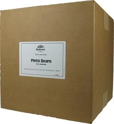 A box with a label on it that says Harmony House Pinto Beans.