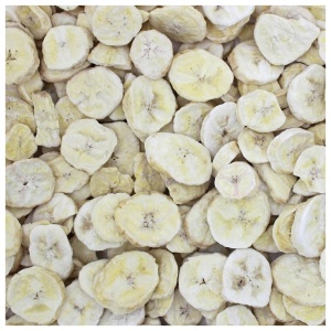 A pile of Harmony House Freeze Dried Bananas on a table.