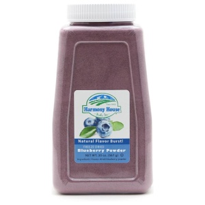 A jar of Harmony House Freeze Dried Blueberry Powder on a white background.