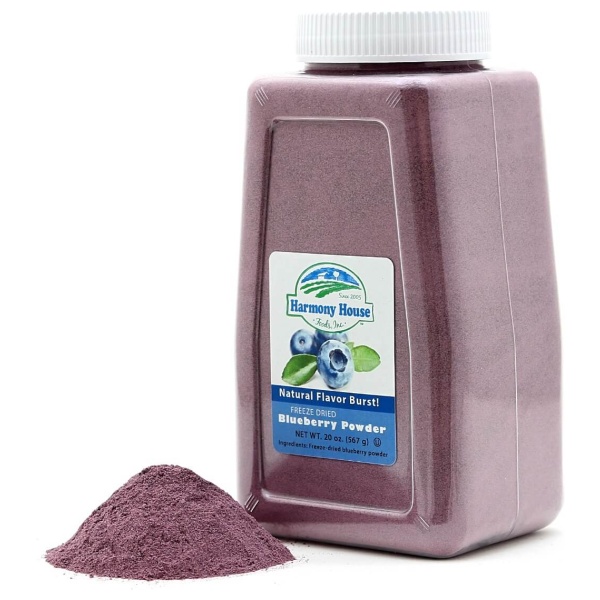 Harmony House Freeze Dried Blueberry Powder (4 Cups / 64 Tbs) - (SHIPS IN 1-2 WEEKS) jar with leaf.