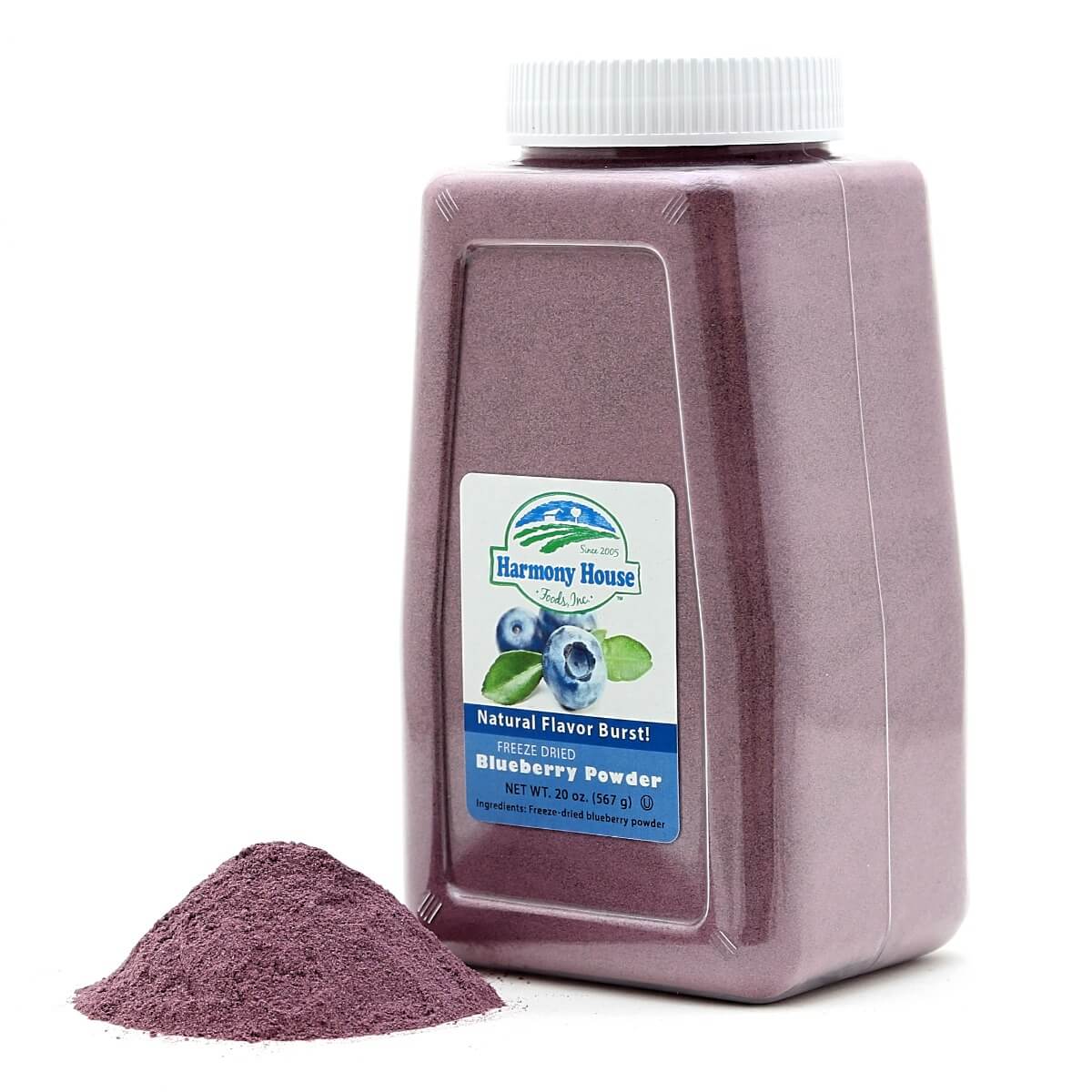Harmony House Freeze Dried Blueberry Powder (4 Cups / 64 Tbs) - (SHIPS IN 1-2 WEEKS) jar with leaf.