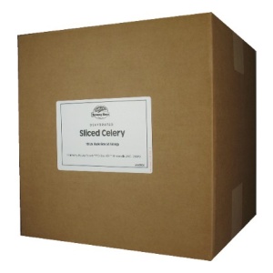 A brown box with a label for sliced cherry and Harmony House Dried Celery.