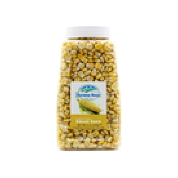 Keywords modified description: A jar of Harmony House Freeze Dried Super Sweet Corn (8 oz) on a white background.