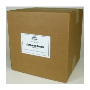 A brown box labeled Harmony House Garbanzo Beans.