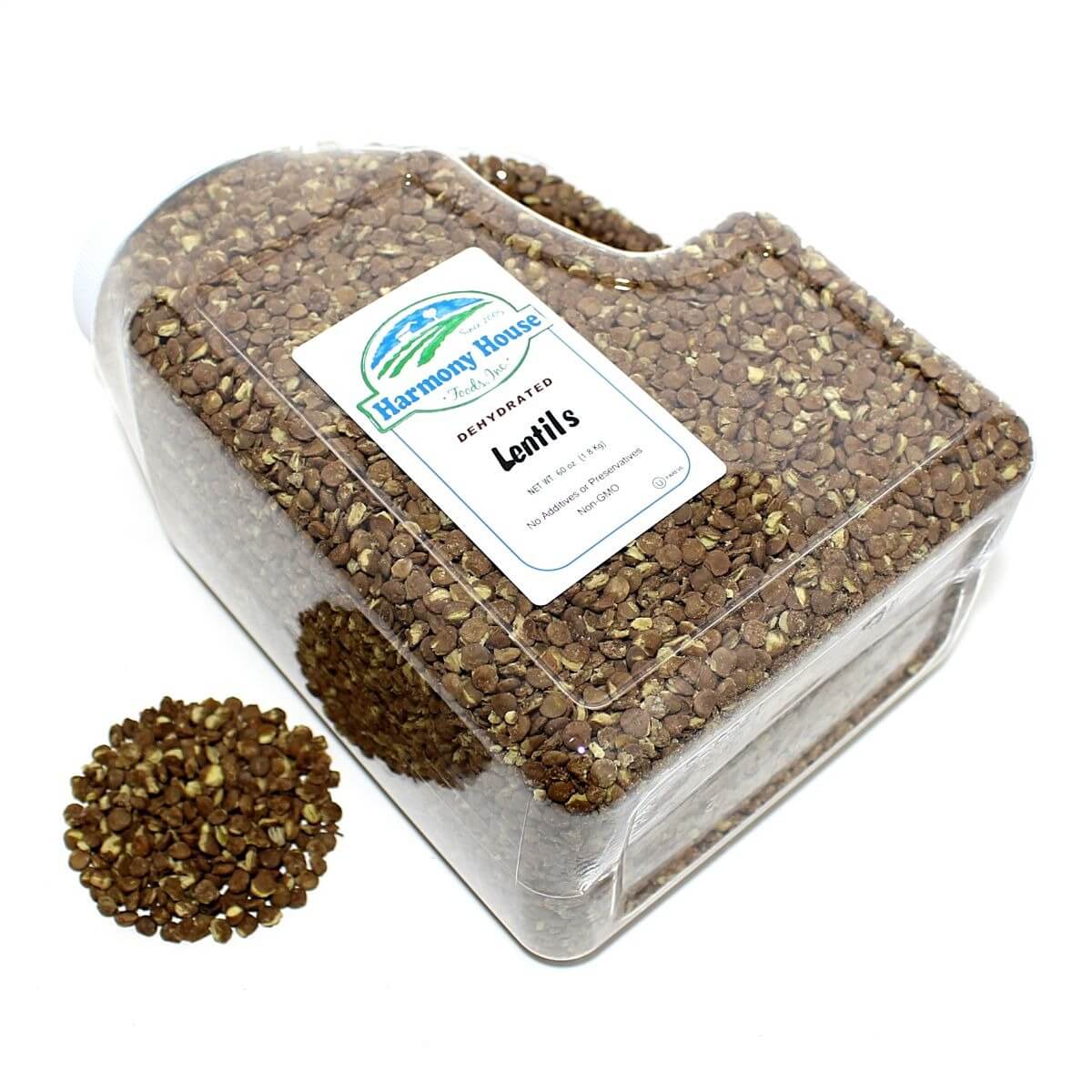 Harmony House Lentils in a plastic container.