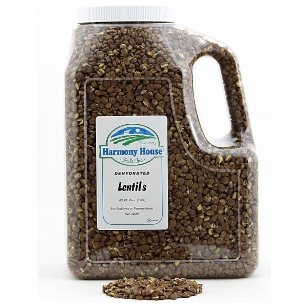 A gallon of Harmony House Lentils on a white background.