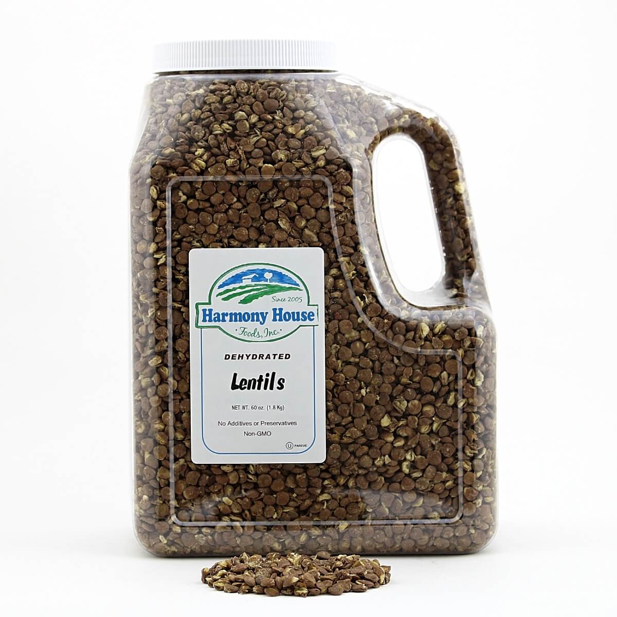 A gallon of Harmony House Lentils on a white background.