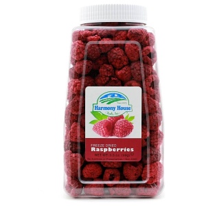 A jar of Harmony House Freeze Dried Raspberries on a white background.