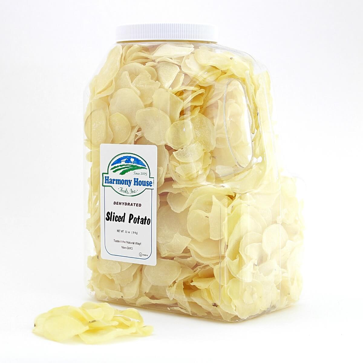 A jar of potato chips sitting on a white surface with Harmony House Dried Potatoes.