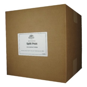 A brown box with a label on it containing Harmony House Split Peas (35 lbs) - (SHIPS IN 1-2 WEEKS).
