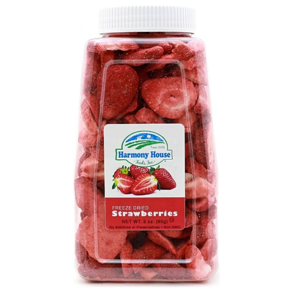 Freeze Dried Strawberries in a jar on a white background.