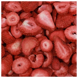 A close up image of freeze-dried strawberries.