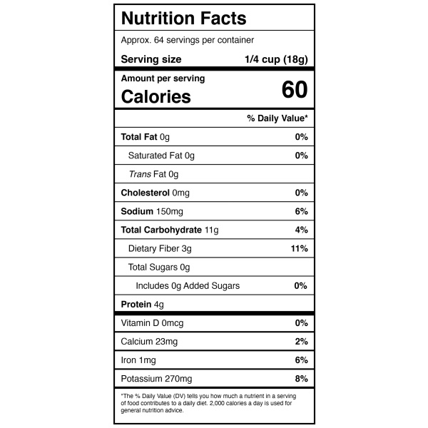 A nutrition label for a Harmony House Black Bean Flakes protein shake.