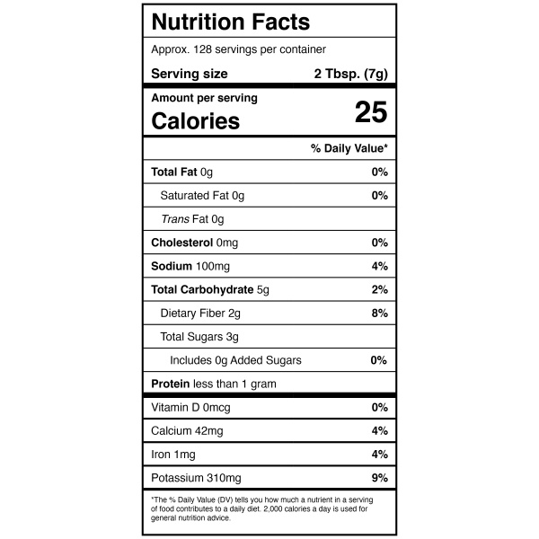 A nutrition label for a protein shake containing Harmony House Dried Celery.