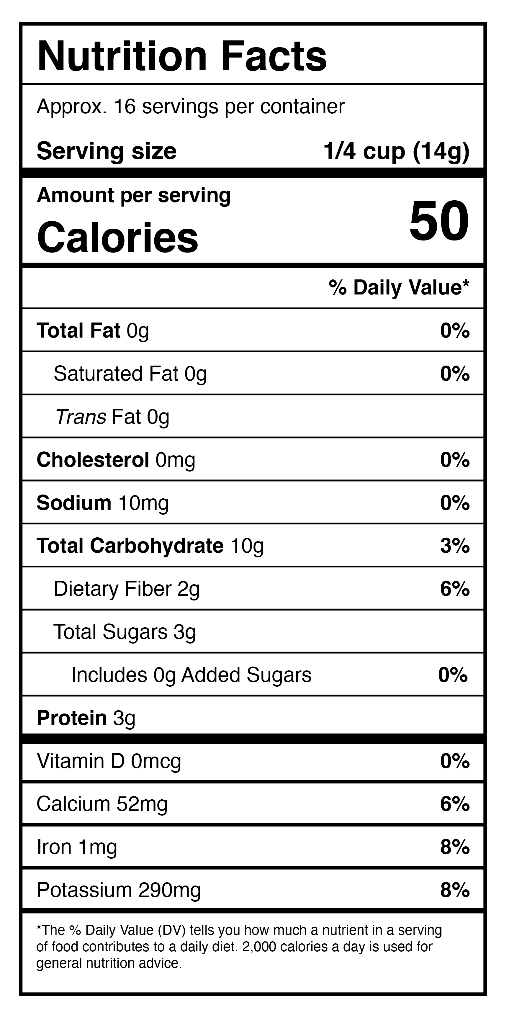A nutrition label displaying the nutrition facts of Harmony House Dried Green Beans (8 oz) - (SHIPS IN 1-2 WEEKS).