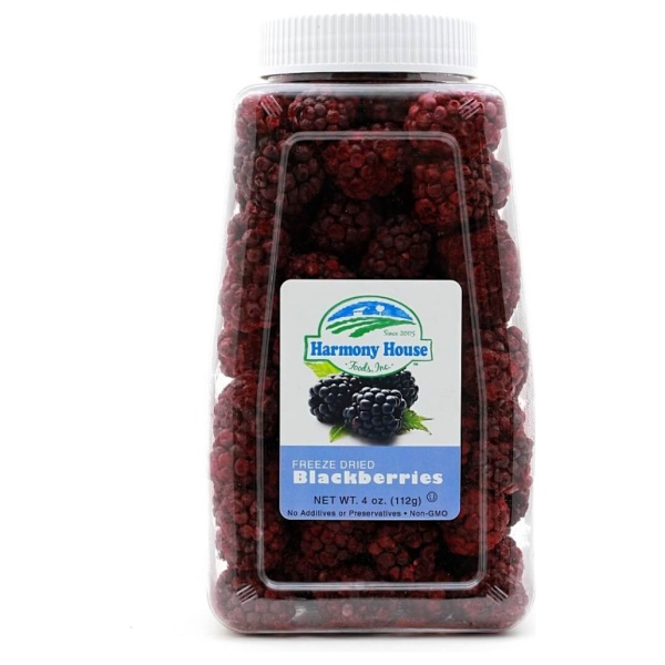 This Harmony House jar contains Freeze Dried Blackberries on a white background.