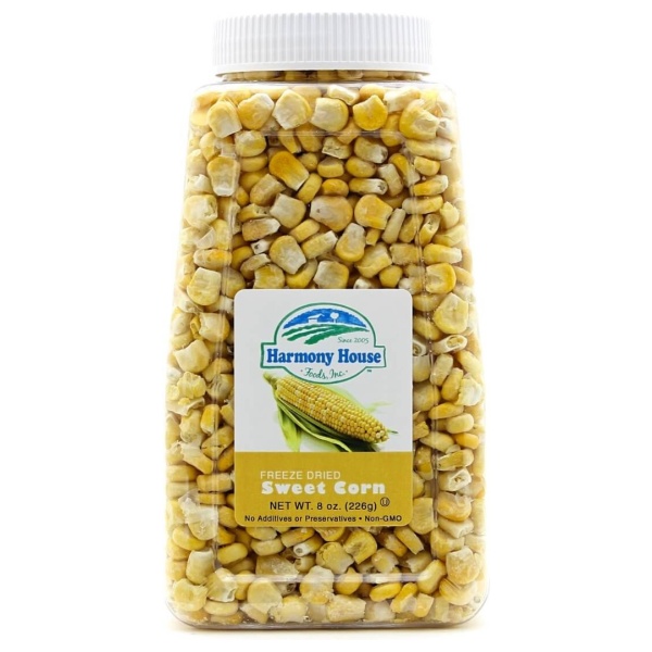 A jar of Super Sweet Corn from Harmony House on a white background.