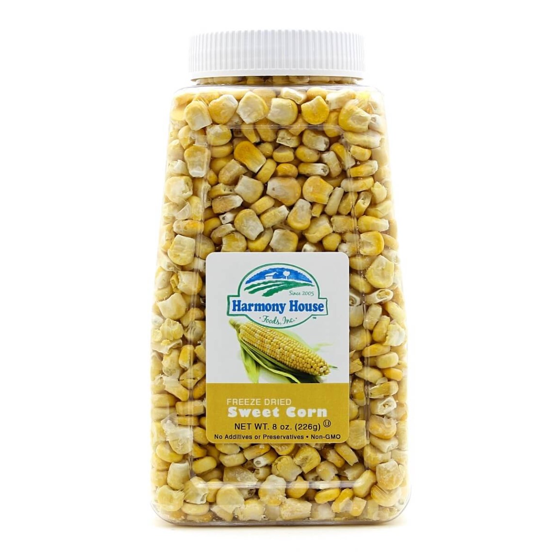 A jar of Super Sweet Corn from Harmony House on a white background.