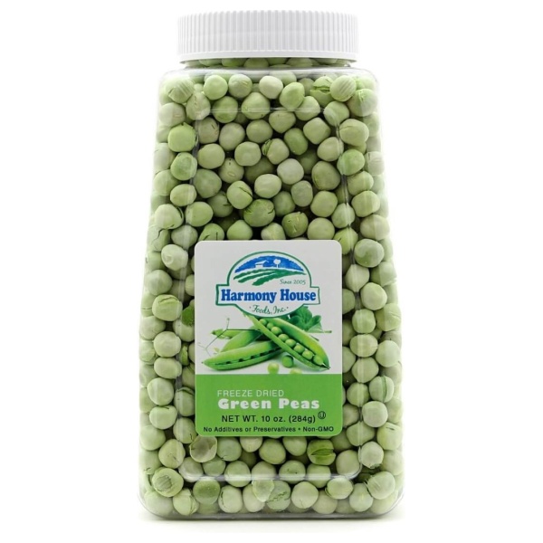 Harmony House Freeze Dried Green Peas in a jar on a white background.