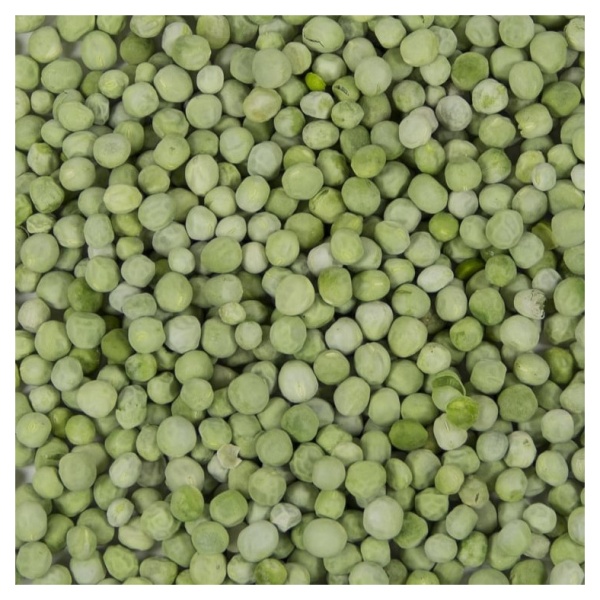 A Harmony House blend of freeze-dried green peas on a white background.