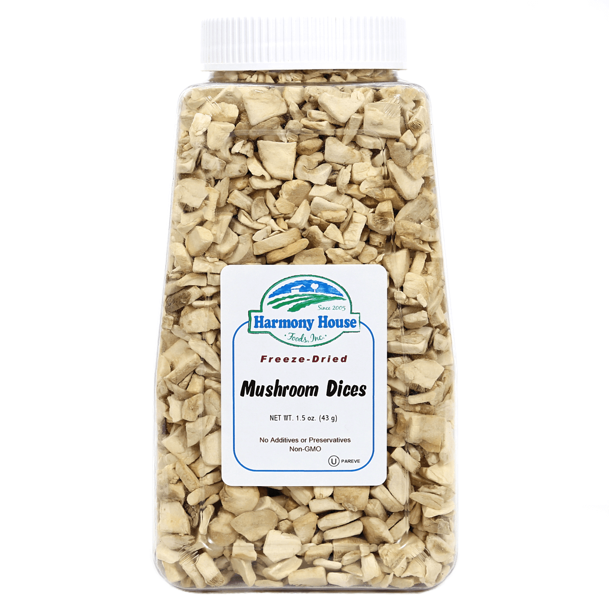 A quart jar of Harmony House Freeze-Dried Mushroom Dices, offering 16 servings, showcased on a white background.