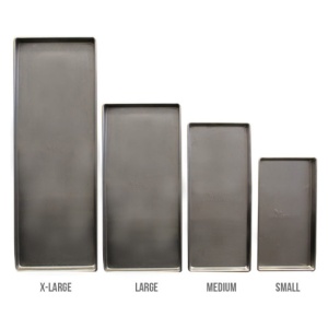 A set of stainless steel trays available in different sizes.