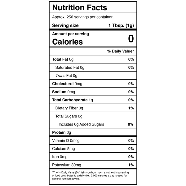 A nutrition label for a protein shake with Harmony House Dried Leeks included.