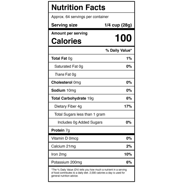 A nutrition label for a protein shake containing Harmony House Lentils.