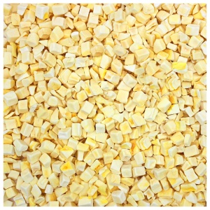 A pile of yellow and white cubes of corn reminiscent of Harmony House Freeze Dried Mangoes.