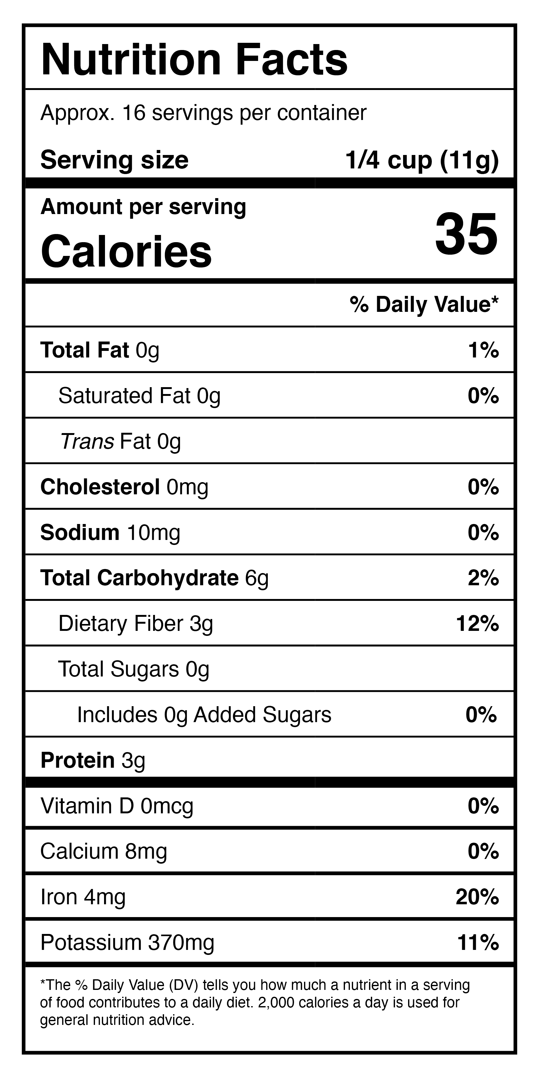 A nutrition label showing the ingredients of Harmony House Dried Mushrooms, Bits and Pieces (6 oz).