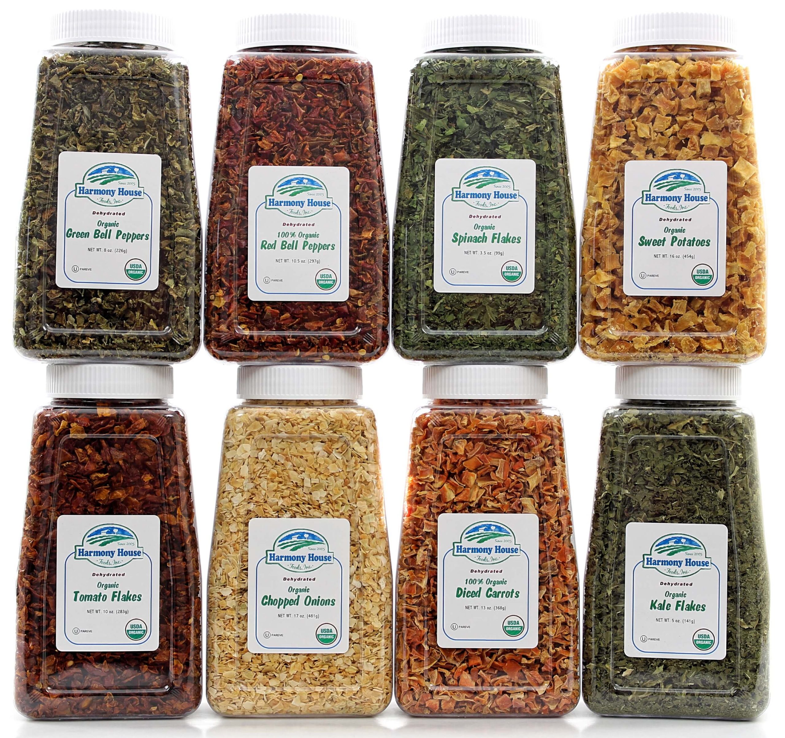 A group of Quart Size jars with different kinds of spices, including Harmony House Organic Vegetable Pantry Stuffer (8 Varieties).