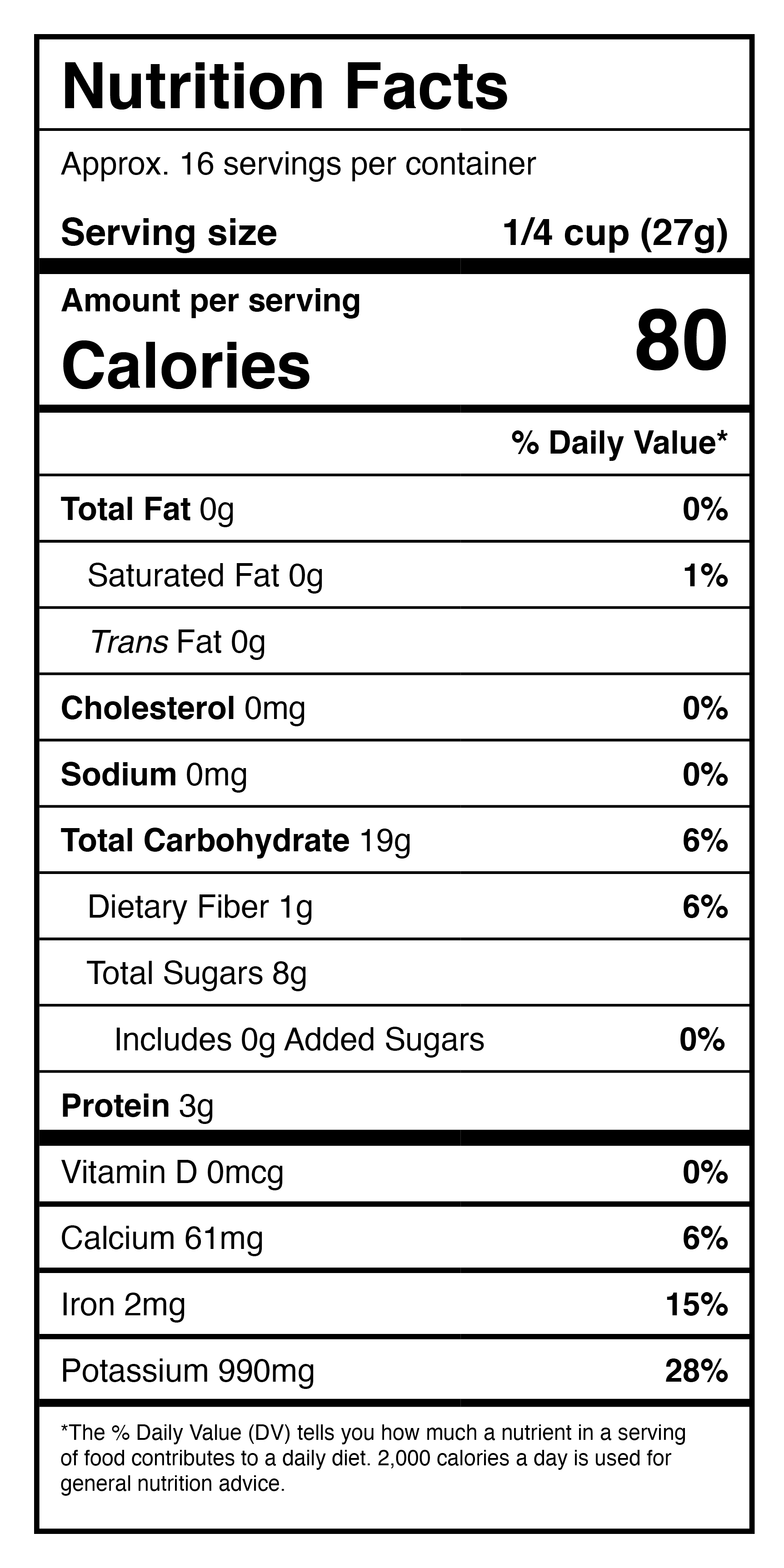 A nutrition label displaying the nutrition facts of Harmony House Organic Dried Pumpkin Dices.