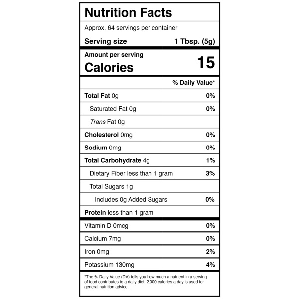 A protein shake nutrition label featuring Harmony House Organic Dried Red Bell Peppers.