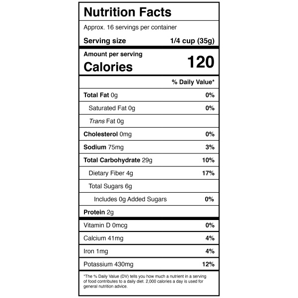 A nutrition label showing the nutrition facts of Harmony House Organic Dried Sweet Potatoes.