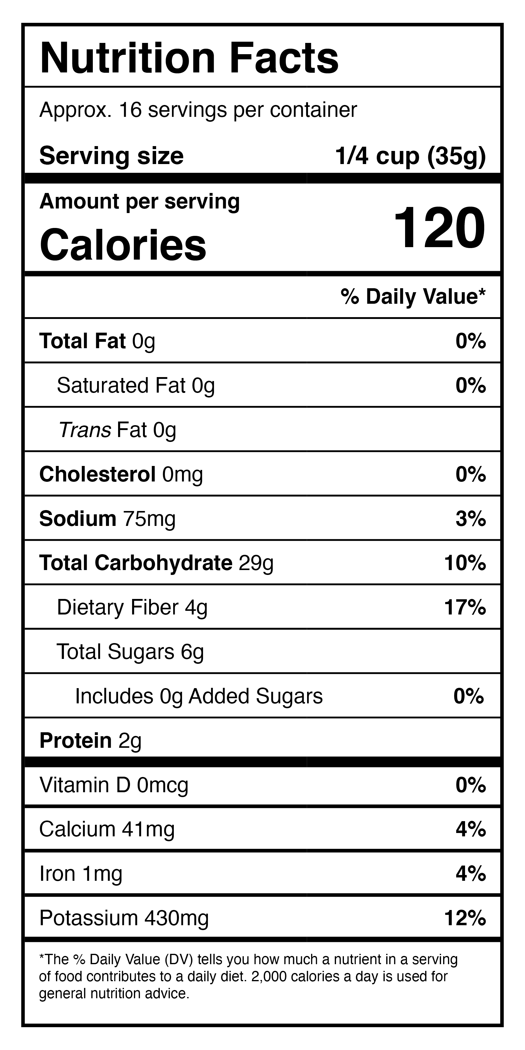 A nutrition label showing the nutrition facts of Harmony House Organic Dried Sweet Potatoes.