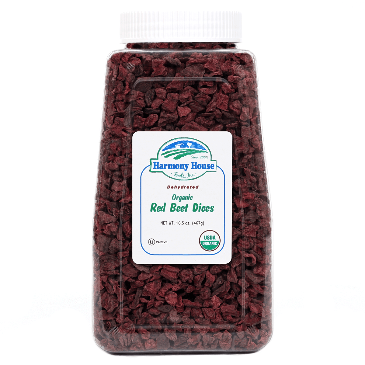 A jar of Harmony House Organic Dried Red Beet Dices on a white background.