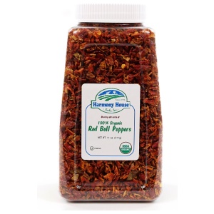 Harmony House Organic Dried Red Bell Peppers (11 oz) jar on a white background.