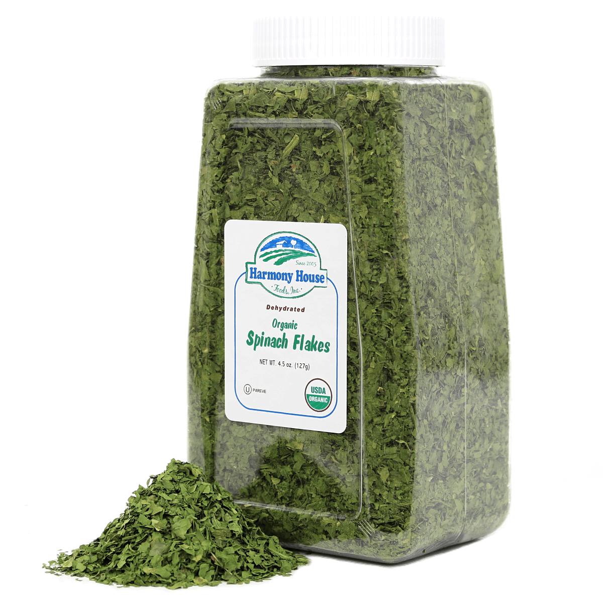 A jar of organic dried spinach flakes.