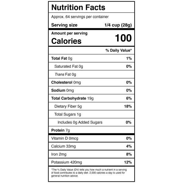 A nutrition label showing the nutrition facts of Harmony House Pinto Beans (4 lbs).