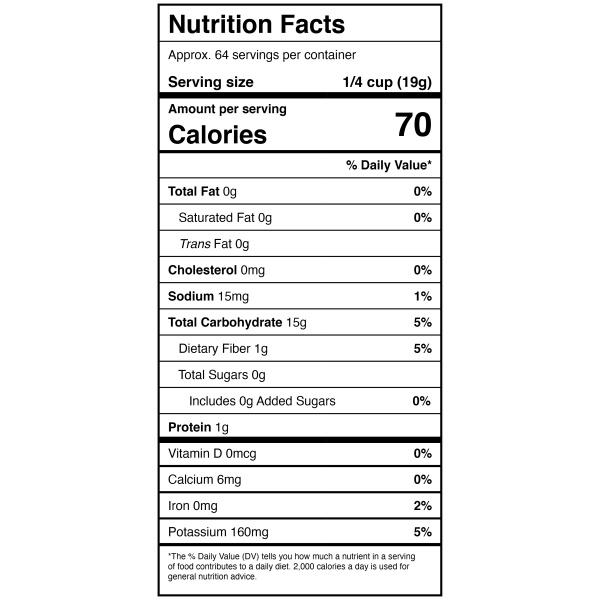A nutrition label for a protein bar featuring Harmony House Dried Potatoes.