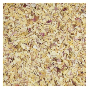 A close up image of a pile of dried rose petals with shallots.