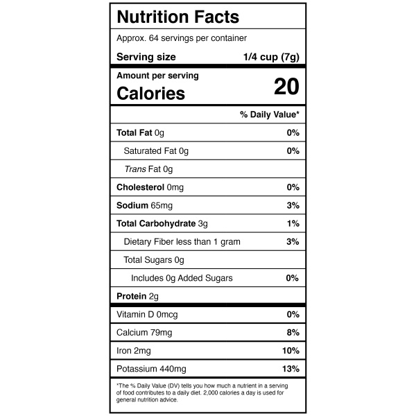 A nutrition label displaying nutrition facts for Harmony House Dried Spinach Flakes.