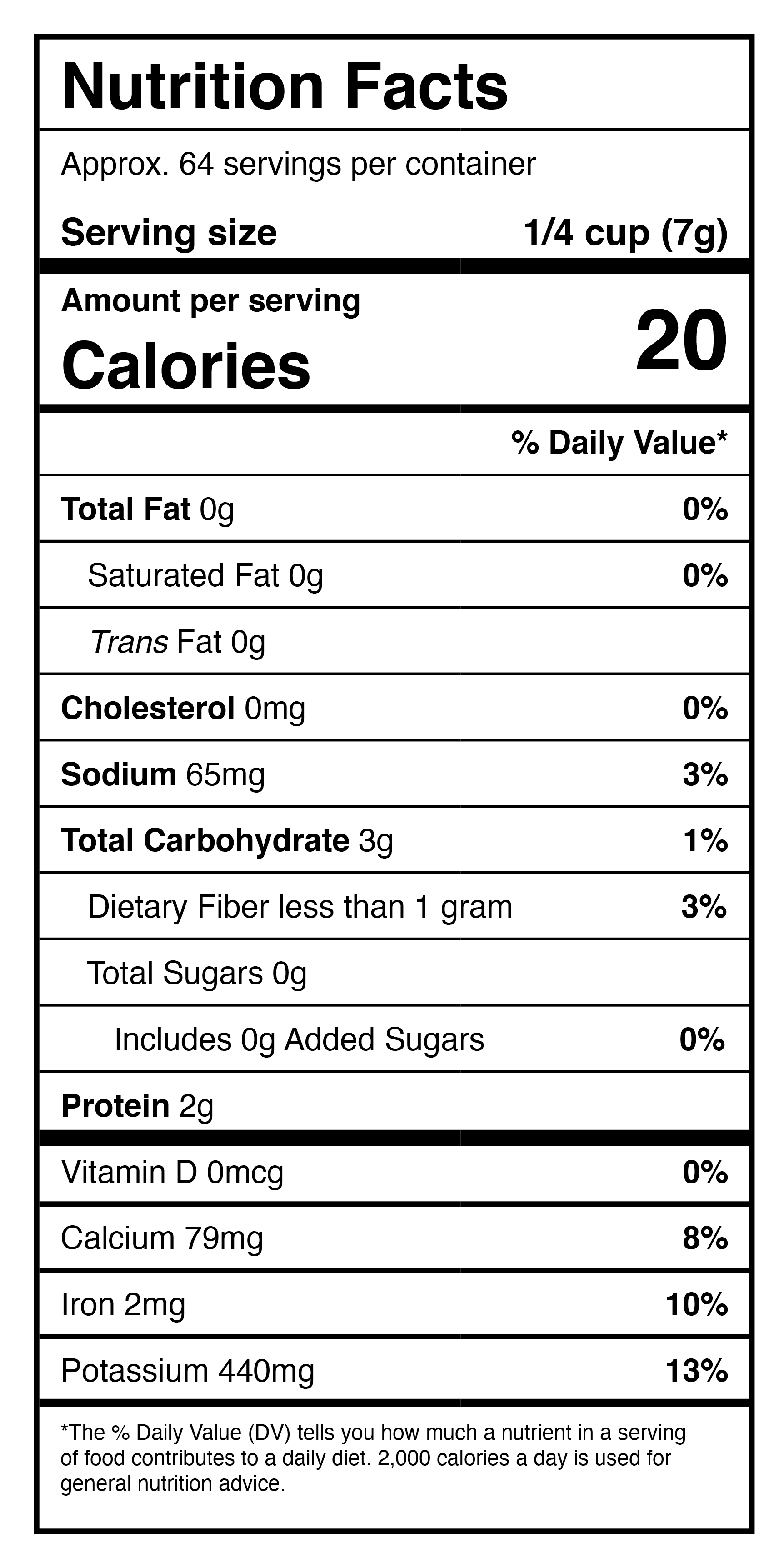 A nutrition label displaying nutrition facts for Harmony House Dried Spinach Flakes.