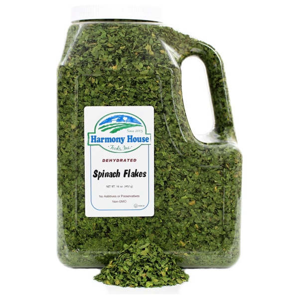 A pound of dried spinach flakes.