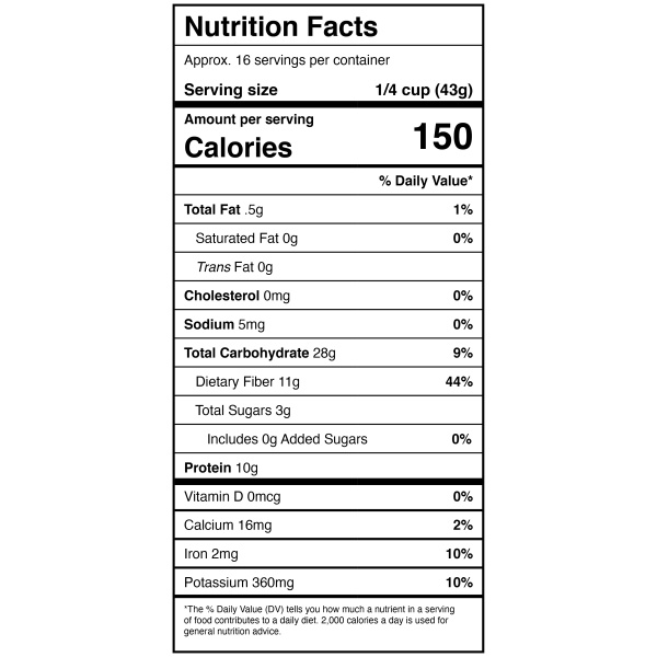 A nutrition label showing the nutrition facts of Harmony House Split Peas (22 oz).