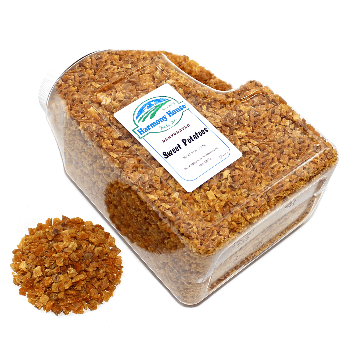 A container of granola with dried sweet potatoes in it.